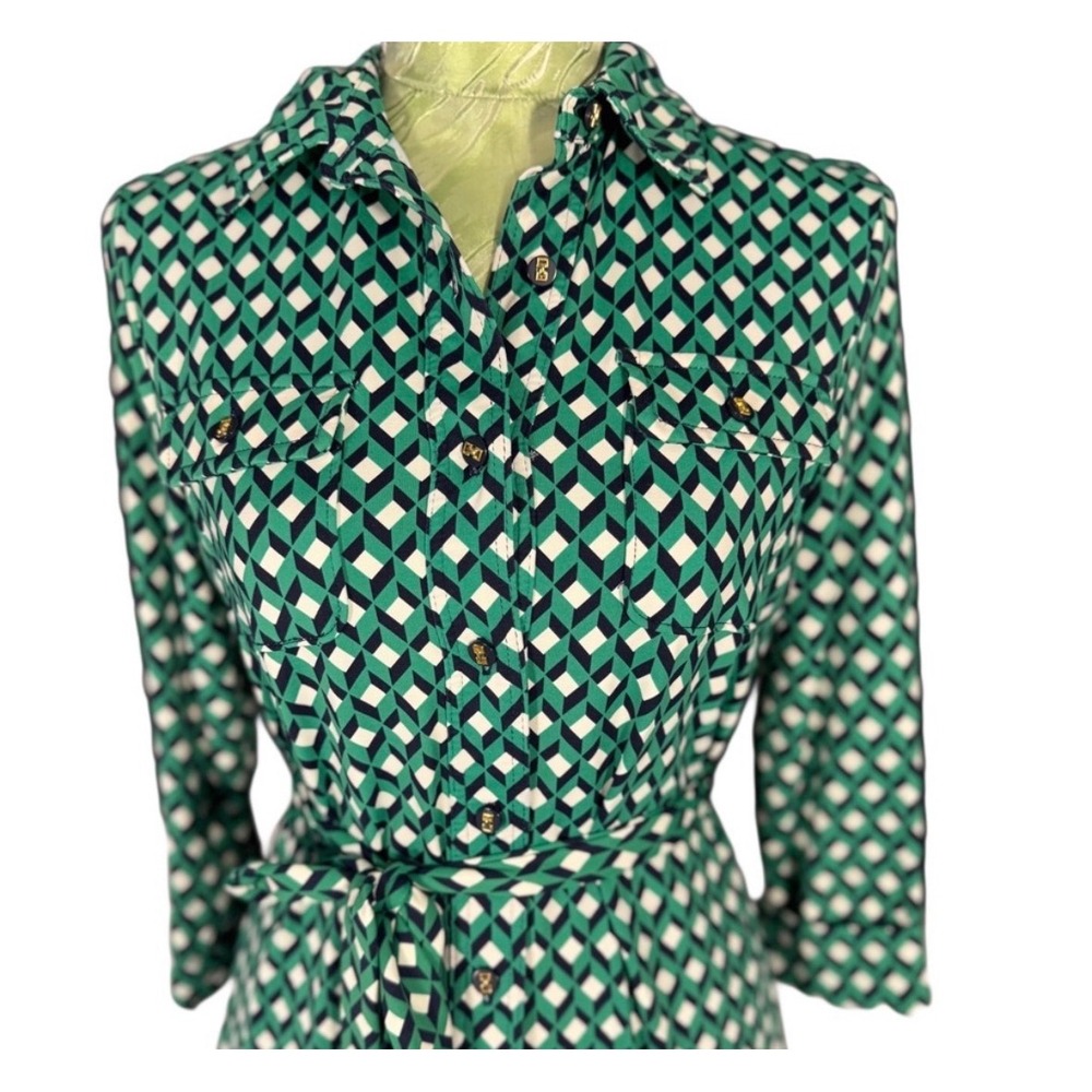 Charter Club Green Geometric Diamond Print Button Front Shirt Dress XL Belted - Picture 3 of 7
